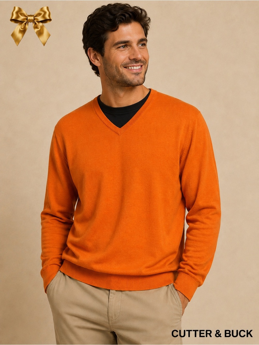 Cutter & Buck Men’s Large Tall Orange Merino Wool V-Neck Sweater